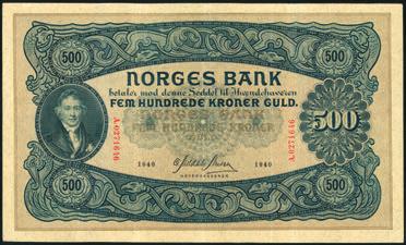 1 1299 500 kroner 1936, serie A.0202670. Jevnt over en pen seddel, men med bl.a.