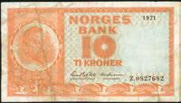 1337 1338 1339 1337 10 kroner 1971, serie Z.0827682. Erstatmingsseddel.