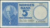 Svakt gulig papir. 0/01 200,- 1343 5 kroner 1961, serie 1.9177676.