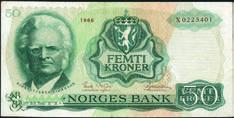 0 500,- 1351 50 kroner 1966, serie X 0225401. Erstatningsseddel.