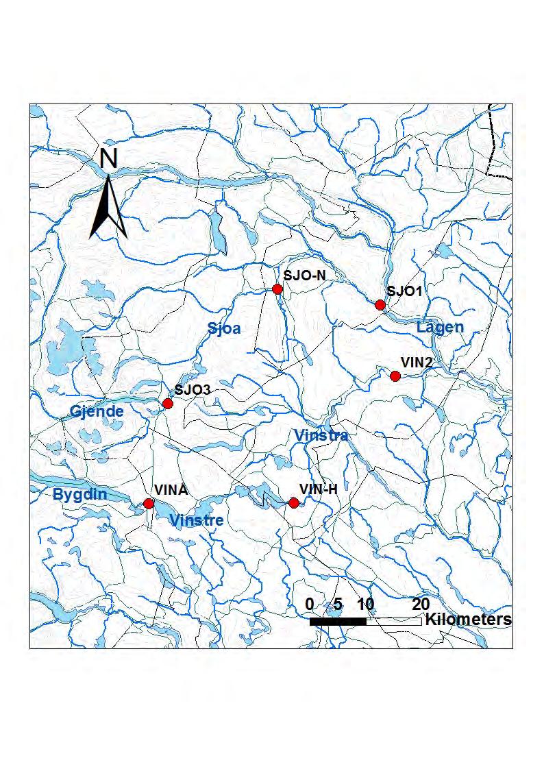 Tabell 1 Undersøkte lokaliteter i Sjoa og Vinstra, og Lokaliteter Kortnavn lokaliteter UTM Sone LAT LONG Vinstra 2 VIN2 32N 6826203 531766 Vinstra elv oppstrøms Ø.