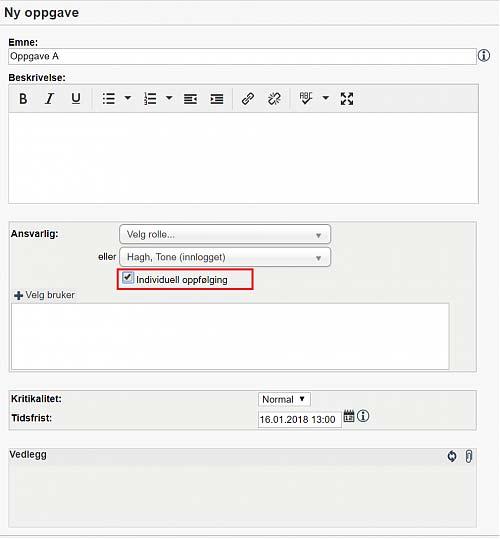 Individuell oppfølging av oppgave til flere Det er nå mulig å tildele en oppgave til flere medansvarlige brukere samtidig og ha individuell oppfølging av disse.