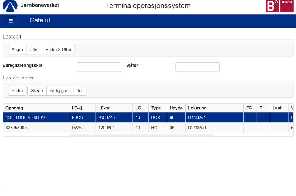 DOKUMENTASJON BLU 2.0 Side 24 av 56 Ill. 18 Lasteenheter som skal bearbeides i ate ut Skal det foretas endrigner/rettelser på LE-kjennetegn, LE-nummer eller oppdragsnummer, trykker man knappen Endre.