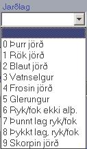 Tafla 7. Jarðlag, þegar alautt er Kóði Jarðlag 0 Þurr jörð (þurrt í rót), ekki verulegt ryk á grasi né jörð skorpin af þurrki. 1 Rök jörð (rakt í rót). 2 Blaut jörð og pollar (stórir eða smáir).