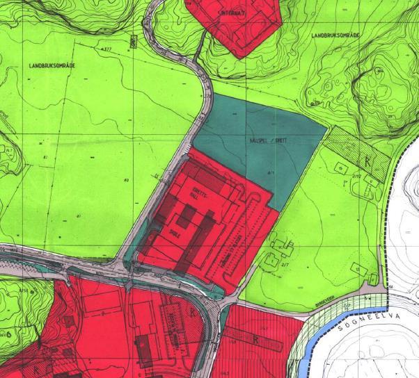 Figur 2: I gjeldende reguleringsplan fra 1999 er området regulert til offentlige bygg(rød), idrett (mørk grønn) og vei (grå). 2. Metode Undersøkelsen er utført som en skrivebordsstudie, basert på eksisterende tilgjengelig informasjon om området.