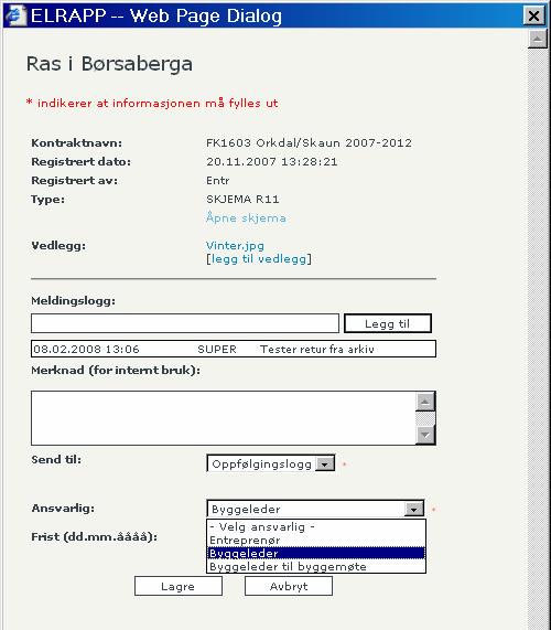 Håndbok i ELRAPP 39 Når man klikker på (åpner) et element i oppfølgingsloggen kommer følgende skjermbilde opp.