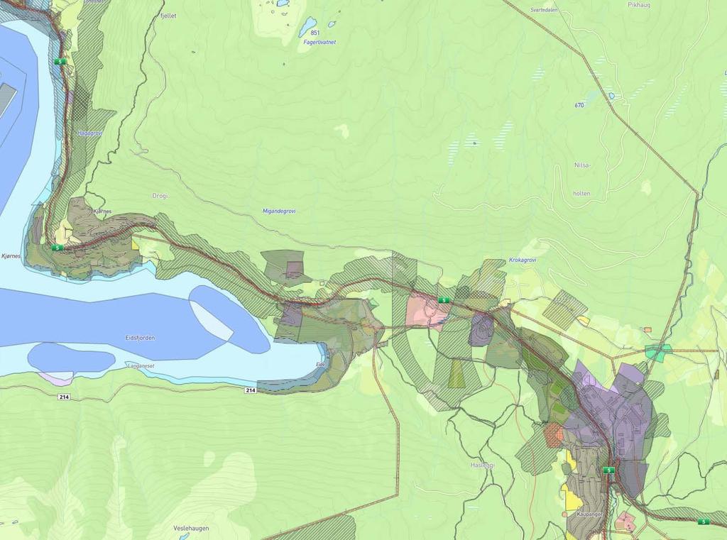 Figur 10 Utsnitt av arealdelen i kommuneplanen for Sogndal kommune Store delar av planområdet er LNF-område (Landbruk, natur og friluftsliv).