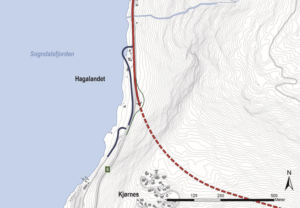 Figur 14 Ei mogleg utforming av påhoggsområde 3. Strekninga mellom Loftesnesbrui og dette påhoggsområdet er særs konfliktfylt. Riksvegen skal i utgangspunktet utbetrast til 12,5 meter breidde.