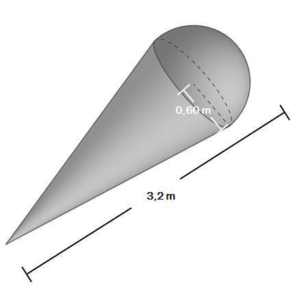 Oppgave 7 (5 poeng) Tore har laget en stor modell av en kuleis. Modellen har tilnærmet form som en kjegle med en halvkule i enden. Toppen av kjeglen har radius 0,60 m, og modellen er 3,2 m lang.