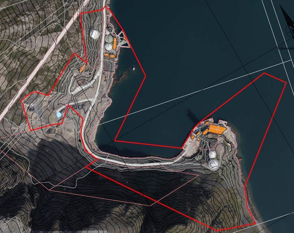 7 Avrensningen av planen mot sjøen går slik at arealer som kan være aktuelle for utfylling til industriområde og bygging av kai er inkludert.