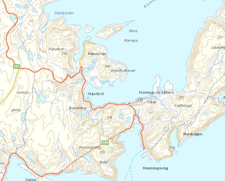 6 2 PLANOMRÅDETS BELIGGENHET OG AVGRENSNING Planområdet ligger ved Fylkesveg 172 med kort avstand til det punkt hvor fylkesveien tar av fra E69. Avstanden til kommunesenteret Honningsvåg er ca. 1 mil.