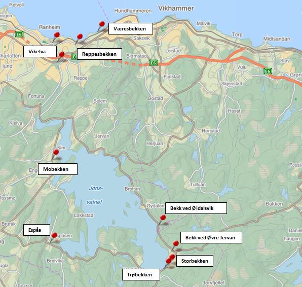 Figur 2. Oversiktskart over vassdrag som drenerer til fjorden øst for Trondheim, samt vassdrag til Jonsvatnet. (Kartgrunnlag: www.finn.no/kart) 3.1 Innsamlingsmetodikk 3.