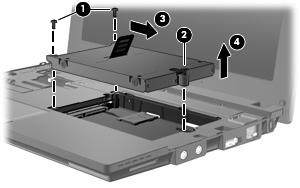 9. Løft øvre kant av tastaturet opp (1) og fjern tastaturet fra datamaskinen (2) for å komme til harddisken. 10. Fjern de to harddiskskruene (1). 11. Løsne den faste harddiskskruen (2). 12.