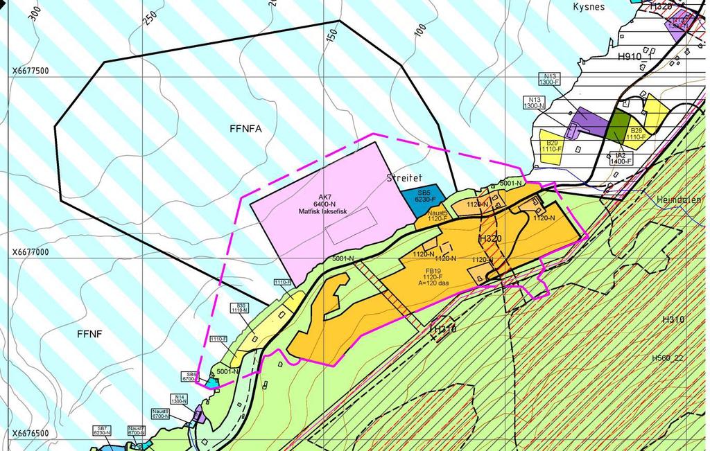 Figur 2.1.1 viser utsnitt av kommuneplanen, delkart for Kysnes. Planavgrensing for reguleringsplanen er vist med lilla stipla strek.