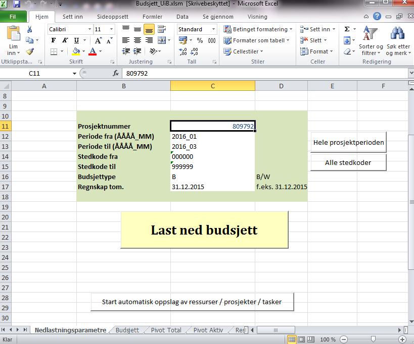2. Bruk av Excel Budsjett Mal 2.1 Åpne siste versjon av malen og legg inn Nedlastningsparametre for budsjett som skal lastes ned fra PA Oracle og inn i Excel Budsjett Mal Prosjektnummer:.