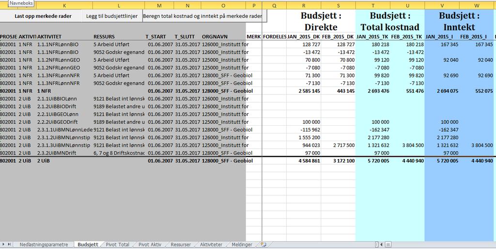 2.2 Budsjett Arket Budsjettet er satt opp tilsvarende som budsjett i PA prosjektmodul Oracle; Grå felt/kolonner: Informasjonsfelt, skal ikke registreres i med mindre man legger inn nye linjer.