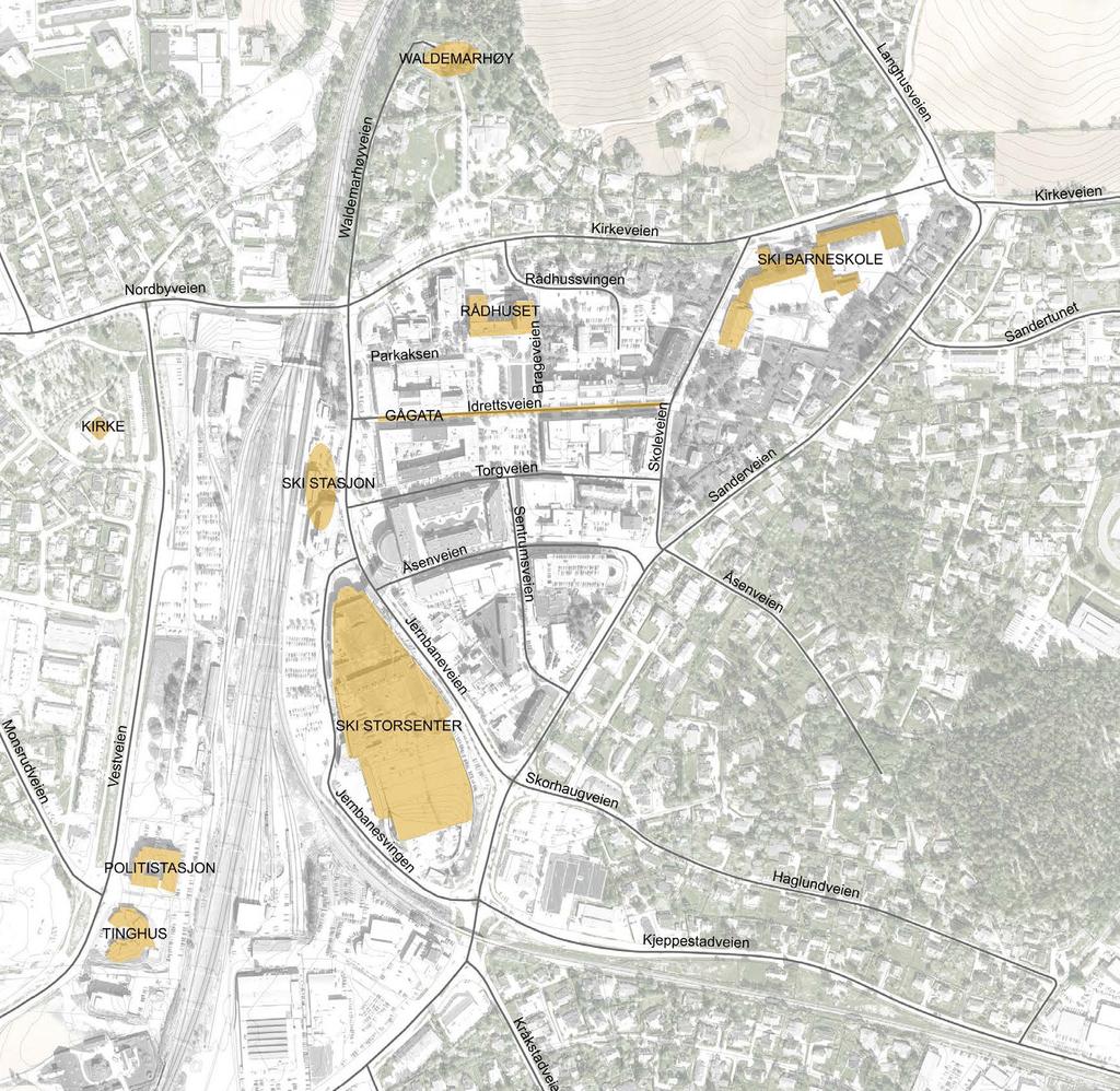 OVERORDNEDE ELEMENTER Ski tettsted er definert med utgangspunkt i jernbanen, og har en klar deling mellom øst og vest, med sentrum som binder sammen de store boligområdene.
