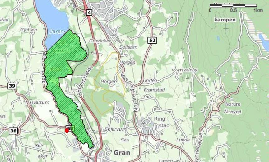 Jarenvatnet, Gran kommune Koordinater: WGS84 60 21'58.3"N 10 33'35.7"E Figur 9: Kart over Jarenvatnet naturreservat (grønt), og lokalitet for skjøtselsstudie (rød sirkel).