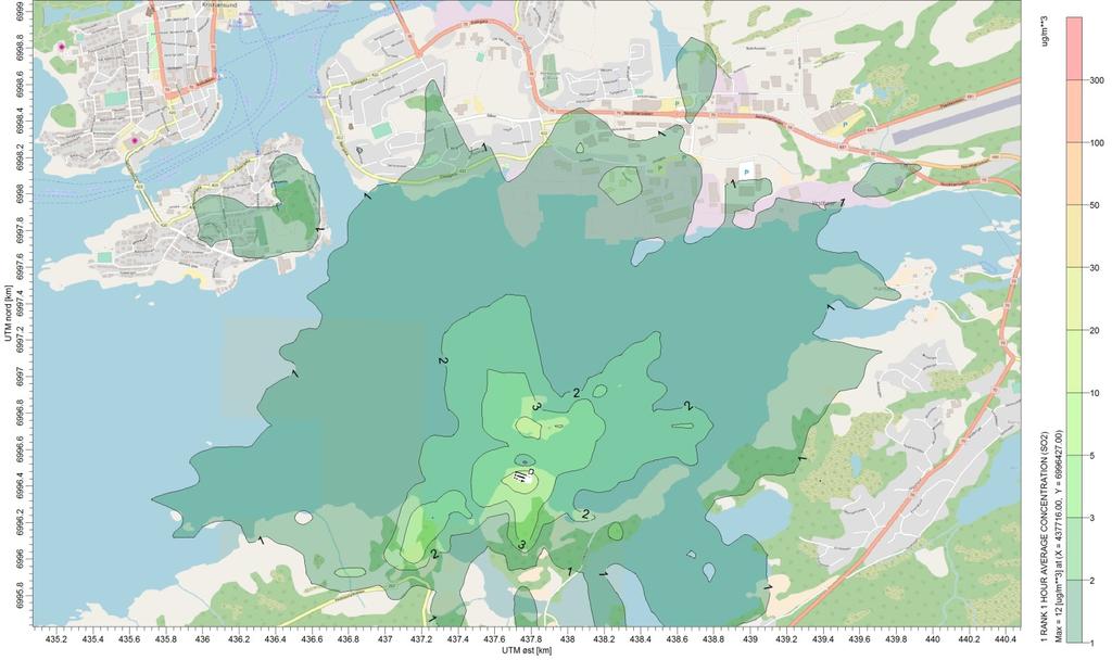 Ordrenummer: 68085 Side 10 av 13 Figur 10. Maksimal beregnet timemiddelkonsentrasjon ved utslipp tilvarende gjeldende utslippstillatelse for SO 2 fra forbrenning av spillolje.