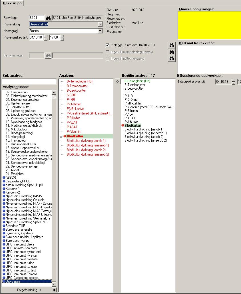Blodprøvepakke i DIPS Sepsisblodprøvepakke Ahus Hemoglobin Trombocytter Leukocytter CRP INR D-Dimer vb-laktat Kreatinin Bilirubin ALAT