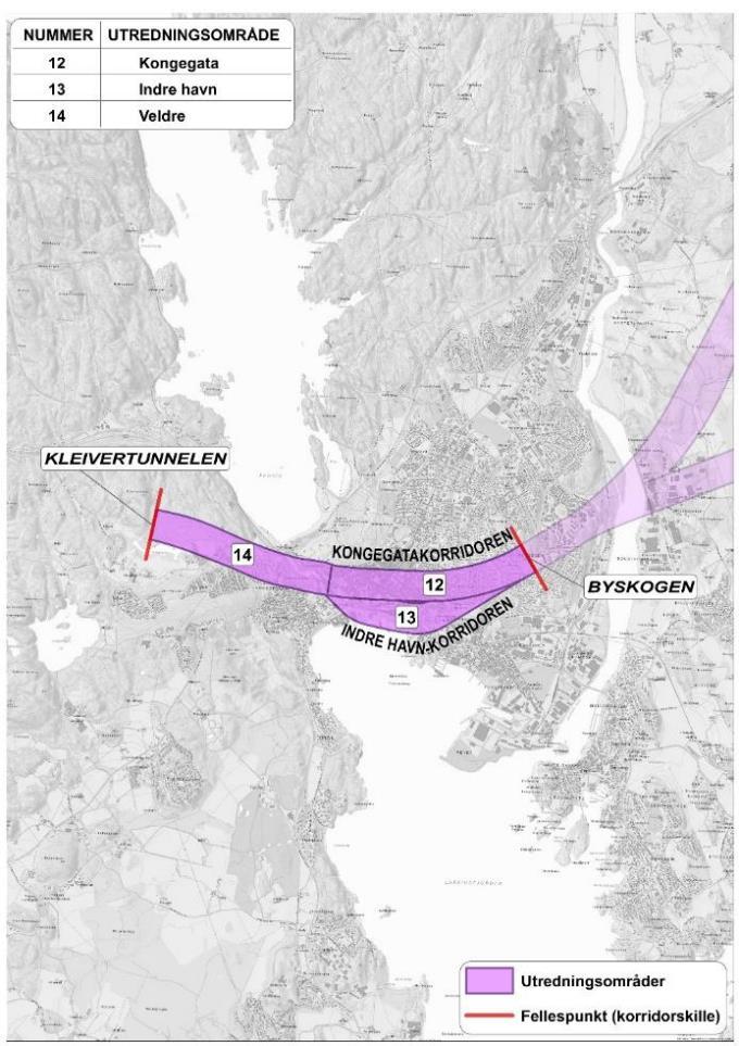 2.4 Delstrekningen Byskogen - Kleivertunnelen På delstrekningen mellom Byskogen og Kleivertunnelen skal det utredes to korridorer: Kongegatakorridoren Indre havn-korridoren Begge korridorene har et