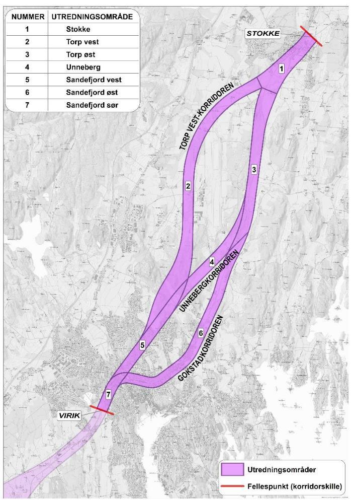 2.2 Delstrekningen Stokke - Virik På strekningen mellom Stokke og Virik skal det utredes tre korridorer: Torp vest-korridoren Unnebergkorridoren Gokstadkorridoren I Torp vest-korridoren vurderes to