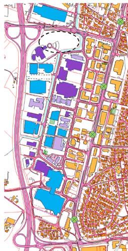 Fig. 18 Bygningers arealbruk i beltet mellom Luramyrveien og E39. Butikk/ forretningsbygg og kjøpesenter/varehus vist med blå farge (jfr.fig. 7).
