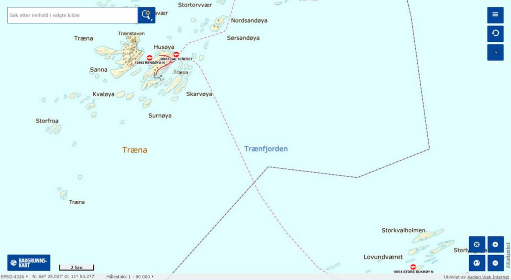 Figur 1: Oversiktskart som viser anleggsplassering og undersøkelsesområdet. Målestokk vises i venstre hjørne, kartkilde i 1:80 000 Kilde: Fiskeridirektoratets karttjeneste.