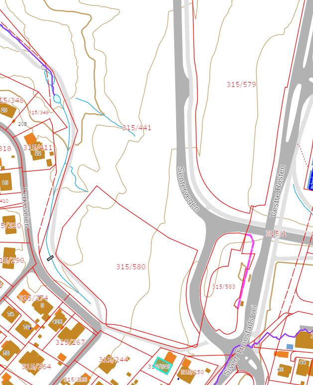 6 4 Flomveg Bilde 2: Flomkart som viser eksisterende flomveger Bilde 2 viser eksisterende situasjon hvor flomveg for dagens situasjon er merket med lilla linje i henhold til Trondheim kommunes kart.