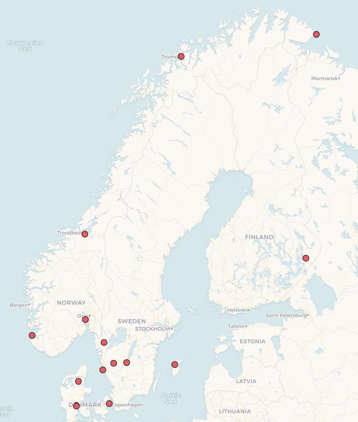 Punktene i tabell 6 er visualisert i figur 11. I Norge finnes det fem permanente EPN-stasjoner; i henholdsvis Oslo, Stavanger, Trondheim, Tromsø og Vadsø. På EUREF Permanent GNSS Network (2018).