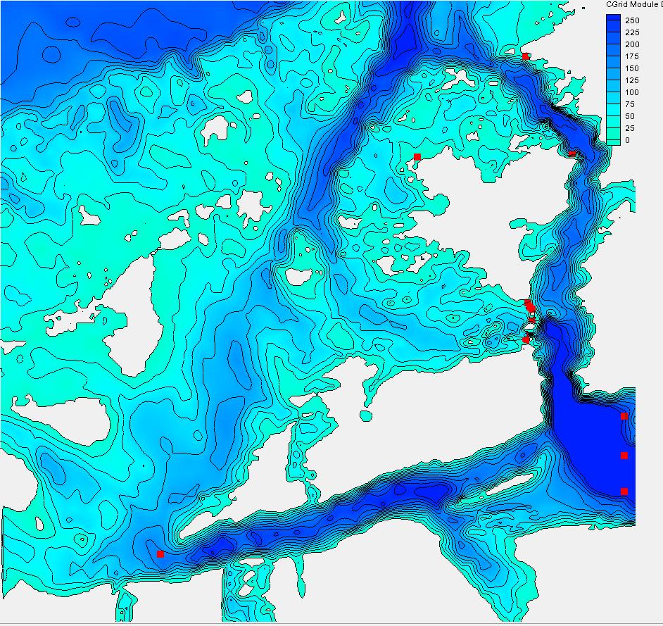 Figur 3 Dybdedatamodell for bølgeberegning. Røde punkter angir steder for detaljert bølgeberegning. 2.3 Vindbølger Vindbølgene er undersøkt ved hjelp av modellen HsComp.