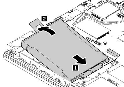 4. Hvis M.2 Solid State-stasjonskabelen har blitt koblet fra, kobler du kabelen til M.2 Solid statestasjonsadapteren. 5. Sett inn adapteren 1 og dret den deretter nedover 2.