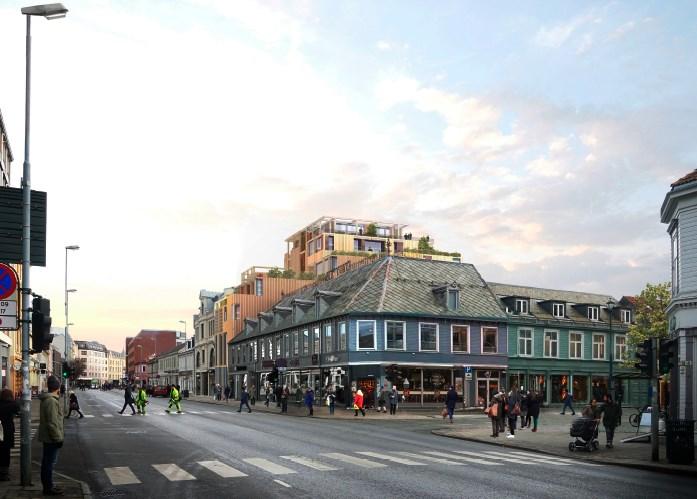 Virkningen av den nye bebyggelsen sett fra to steder i Olav Tryggvasons gate. Det er også andre utfordringer knyttet til det å bygge tettere i en bystruktur.