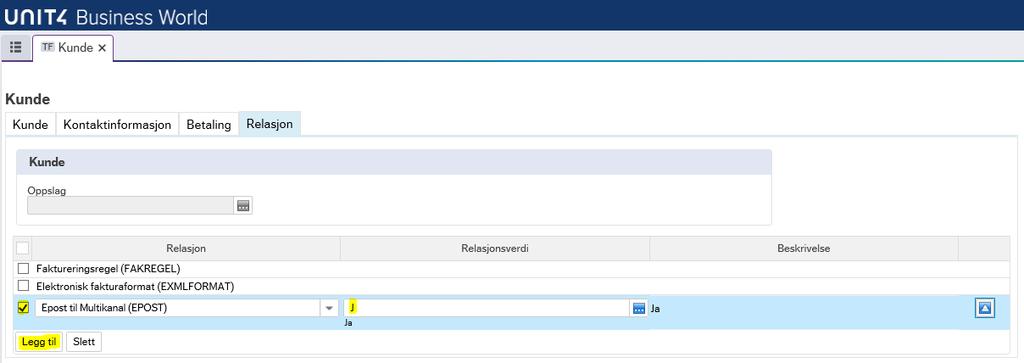 2.2.4 Arkfane Relasjon (Ny) arkfane 4 må fylles ut for at kunden skal kunne få tilsendt faktura på epost.