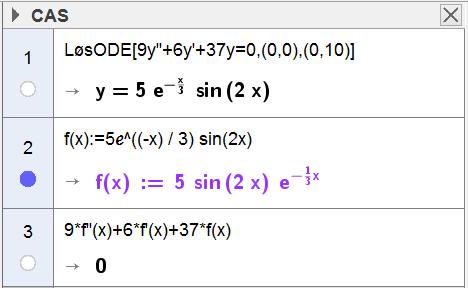 Oppgave ( poeng) Vis at f( ) 5e sin( ) er en løsning av differensiallikningen 9y 6y 7y 0, y(0) 0 og y(0) 0 Vi velger å løse differensiallikningen ved å bruke kommandoen LøsODE[<likning>,<punkt på