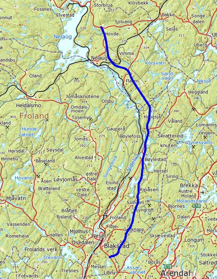 Alternativ 1b starter på fv. 415 med kryss til fv. 412 til Nelaug i Åmli kommune og har en utstrekningen på ca. 13,2 km. Traseen er helt lik Alternativ 1a, og treffer fv. 151 ved Bøylefoss.