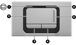 Komponenter på oversiden Styrepute (TouchPad) Komponent (1) Styreputelampe Blå: Styrepute er aktivert. Gul: Styrepute er deaktivert.