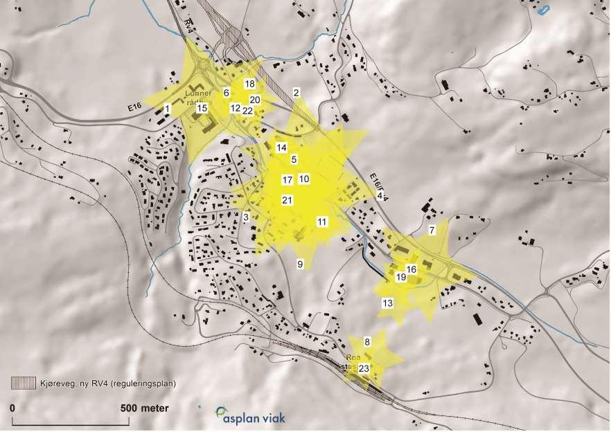 OPPSUMMERING OPPGAVE 3 Gruppene plasserte en stjerne på de områdene med potensiale for utvikling og etablering av sentrum.