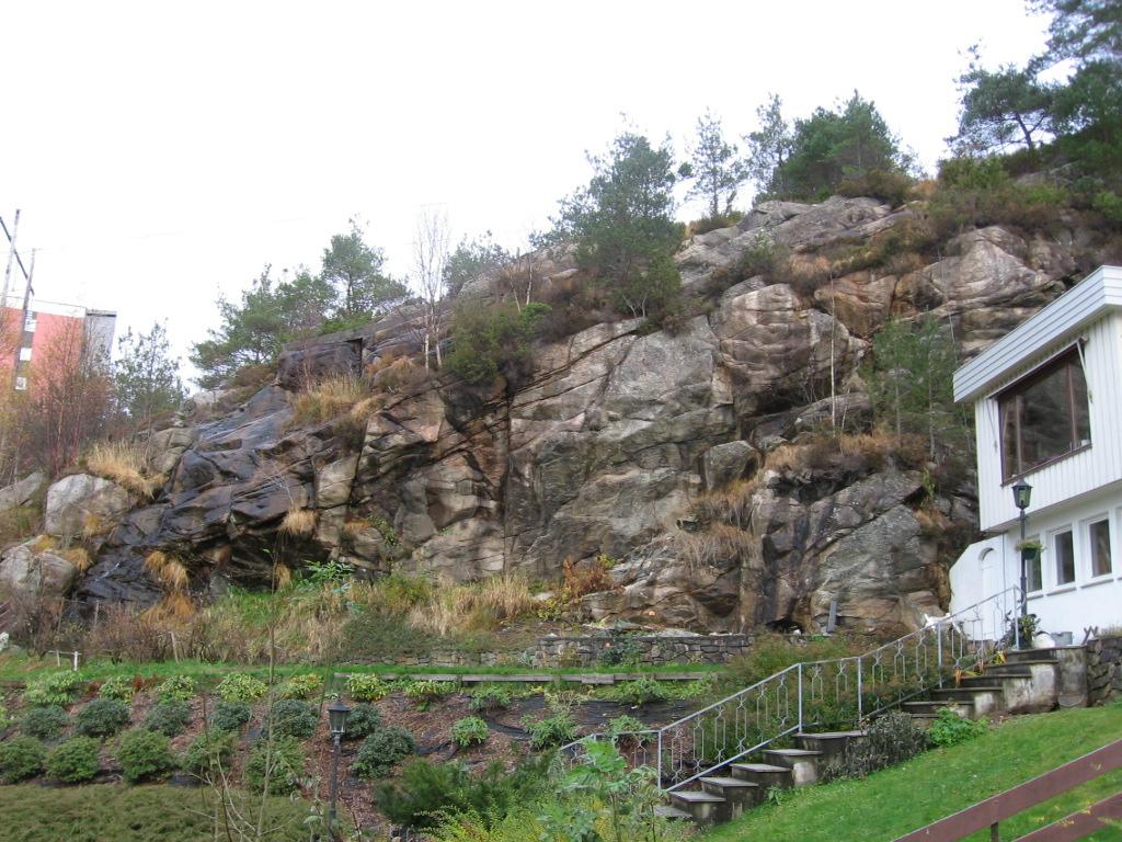 5 GRUNNFORHOLD Topografi Bergveggen stiger steilt fra opparbeidet hage på eiendom