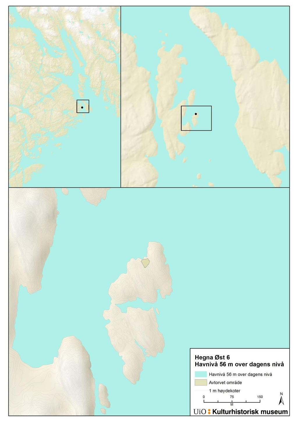 Figur 9 Lokalitetens beliggenhet ved havnivå 56 m over dagens. En tolkning av lokaliteten som ett eller få korte opphold på en liten øy antyder at formålet har vært utnyttelse av marine ressurser.