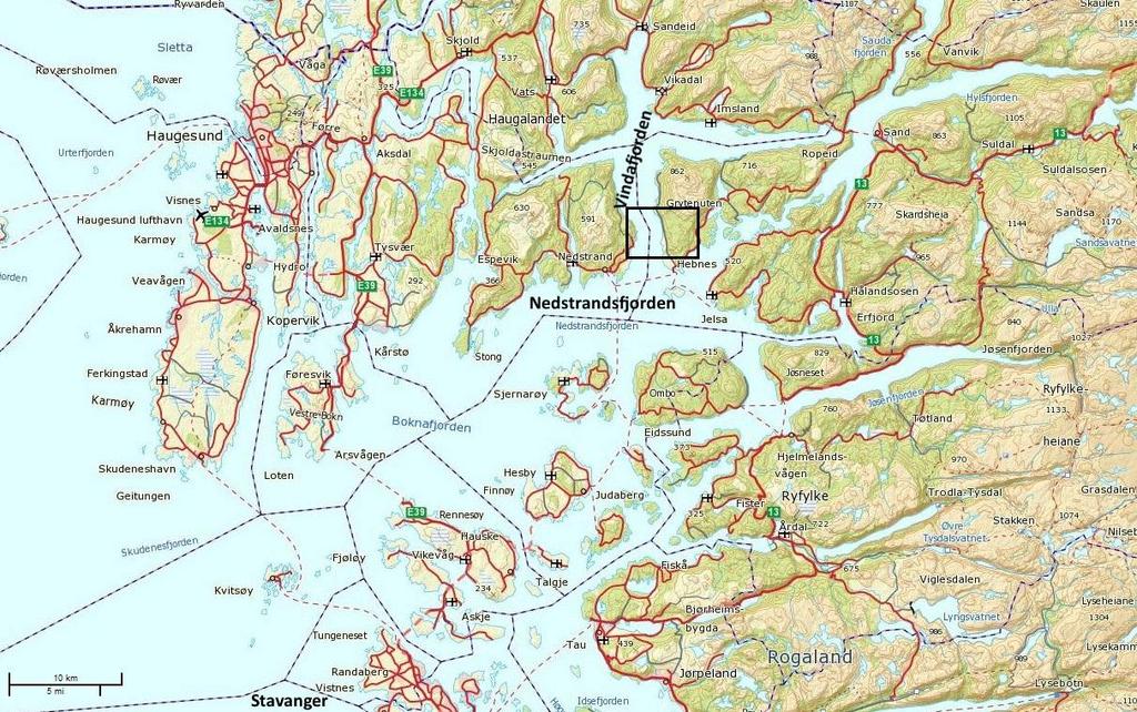 Figur 2.1: Oversiktskart over Nedstrandsfjorden og omegn, Rogaland.