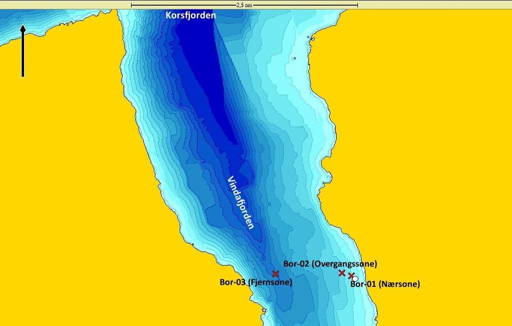2: Utsnitt av Vindafjorden og området for lokaliteten Borgarliflot med referansestasjon i dypet og stasjoner ved anlegget