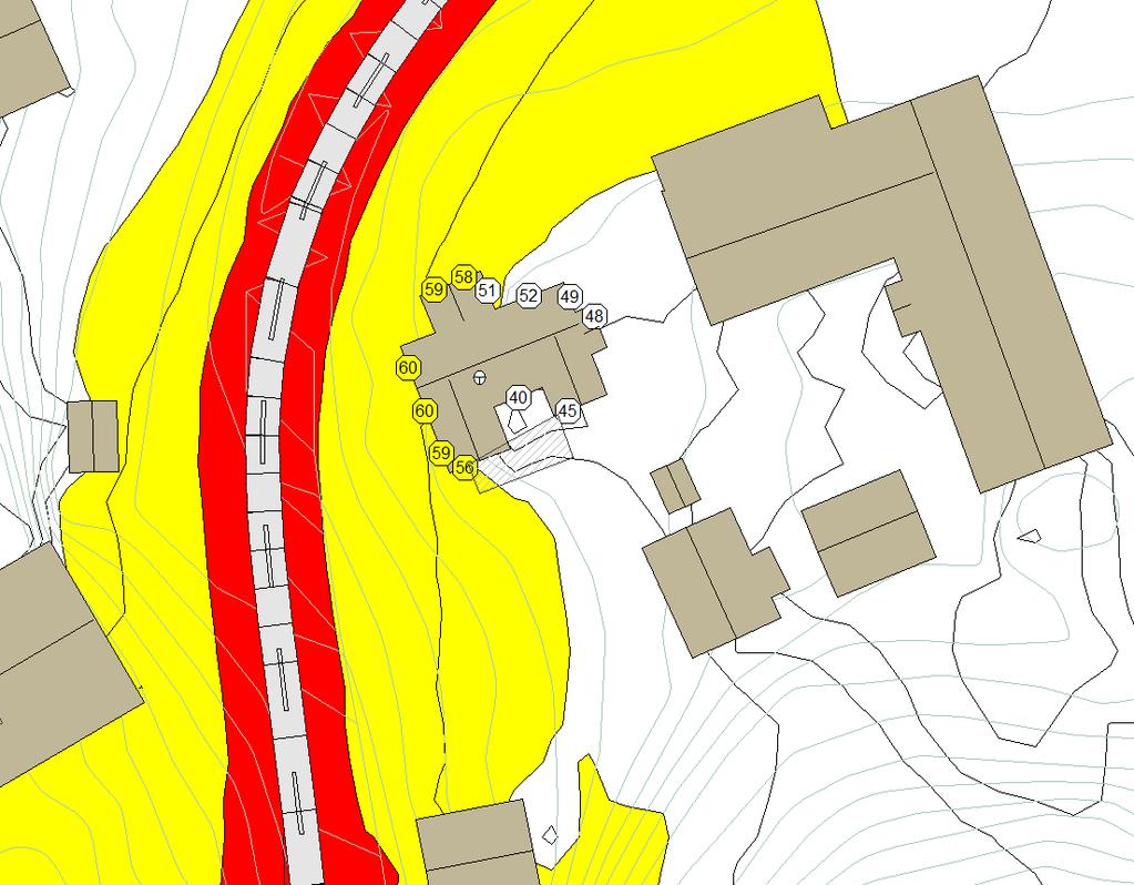 5 Beregningsresultater Beregnet støysonekart fra vegtrafikk, 1,5 m over bakkenivå, er vedlagt. Deler av eiendom, gnr/bnr 98/1, og fasade mot veg ligger i gul sone.