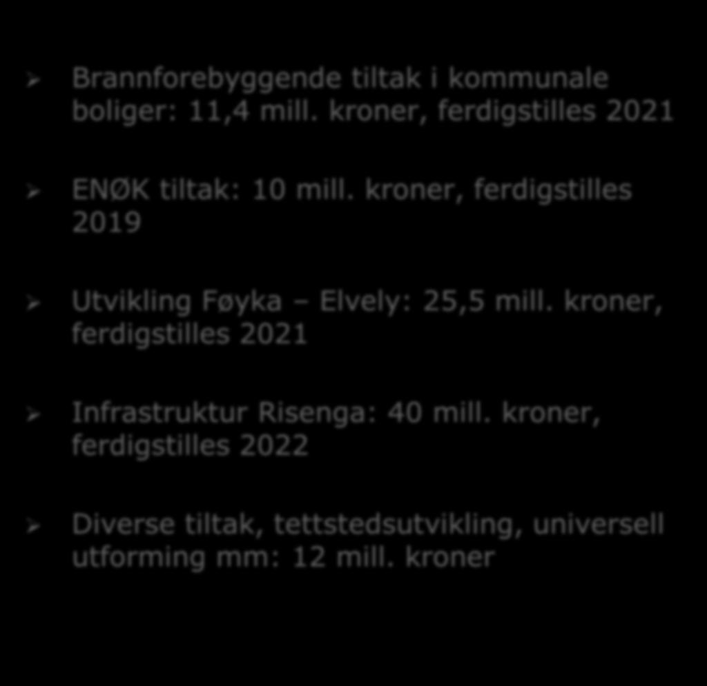 Investeringer Eiendom Brannforebyggende tiltak i kommunale boliger: 11,4 mill. kroner, ferdigstilles 2021 ENØK tiltak: 10 mill.