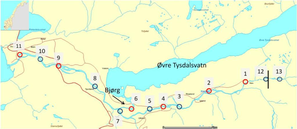 Figur 11: Prøvefiskestasjoner i Storåna og Bjørg. Røde sirkler indikerer fiskestasjonene som er undersøkt fra 1997 og blå sirkler indikerer nye, faste elfiskestasjoner fra oktober 2010.