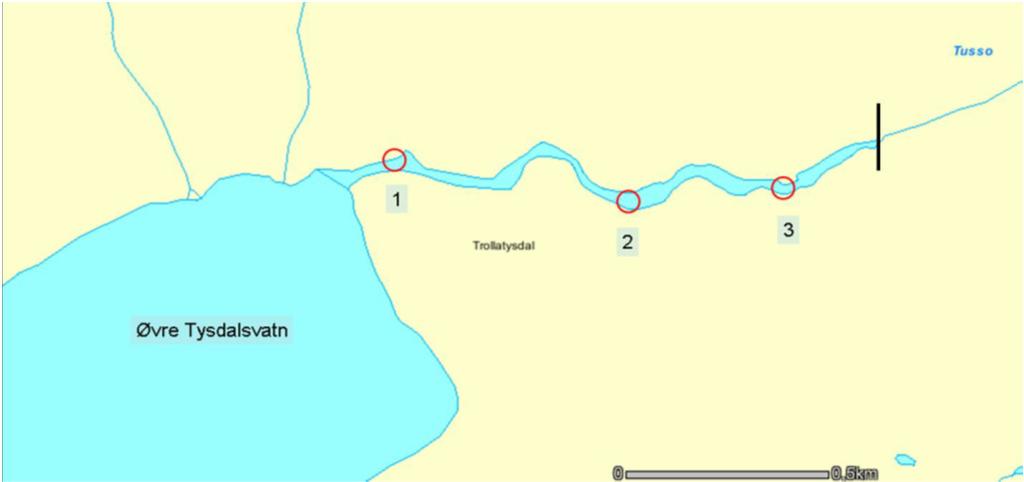 Stasjonsnavn: 1. Nes, 2. Egeland, 3. Selsløken, 4. Kaltveit, 5. Træ, 6. Bjørg, 7. Tveit,8. Valheim, 9. Storå bru, 10. Leirberget, 11. Svadberg, 12. Nedstrøms Rusteinen og 13. Oppstrøms Hia bru.