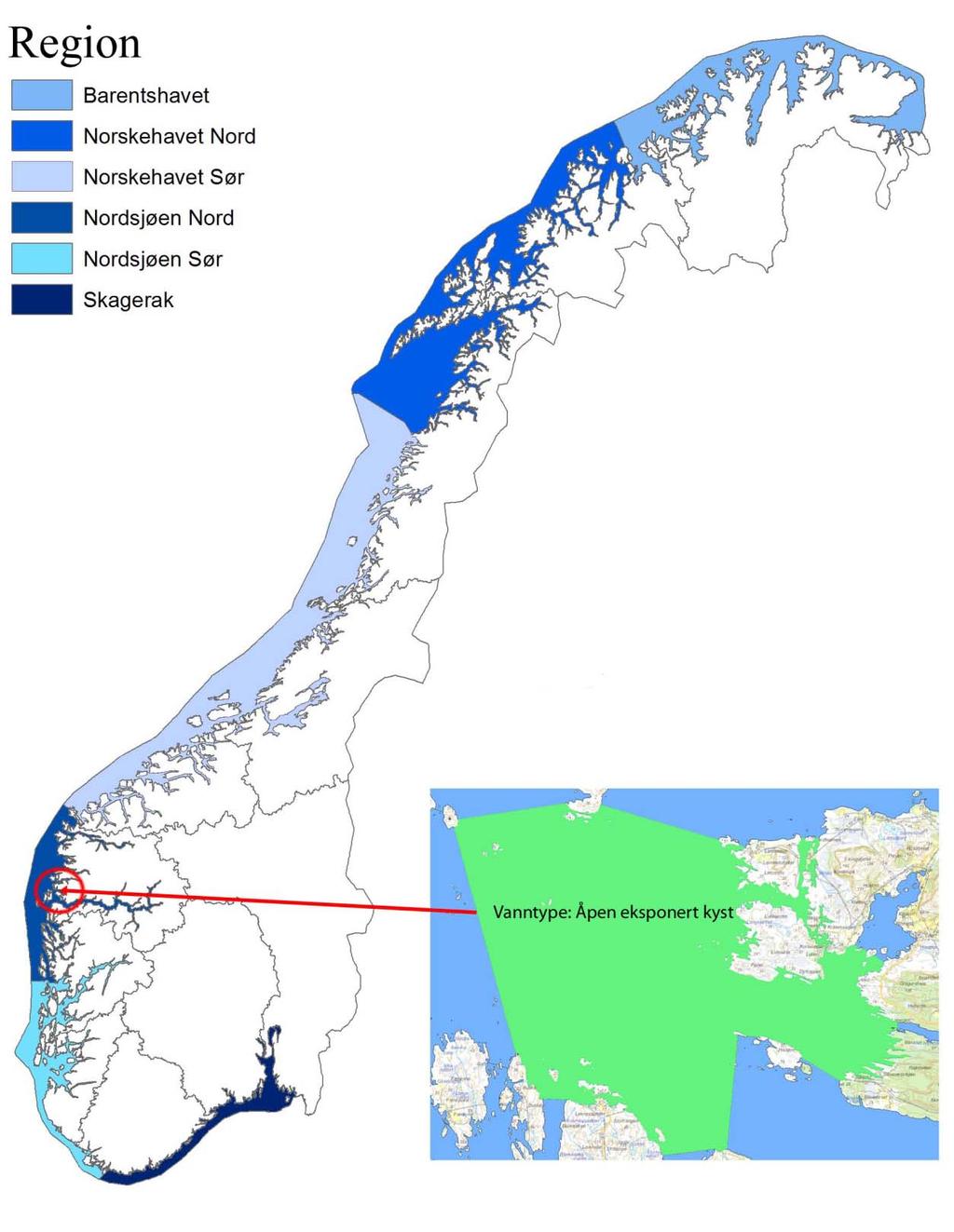 3. Undersøkelsen i relasjon til Vannforskriften I hht. vannforskriften er norske kystvannforekomster delt inn i seks regioner (Veileder 02:2013).