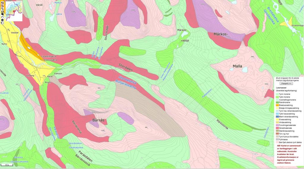 2 Befaringsobservasjoner 2.3 Klima Figur 9. NGUs løsmassekart over Stordalen. Nedbør og temperatur har i tillegg til terrengformer betydning for utvikling av skred.