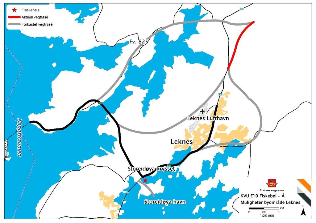 5.1.3.3 Byområde Leknes Tiltak i dagens korridor Strekningen som er vurdert er fra Leknes lufthavnvei, nord for Leknes, til Storeidøyakrysset sør for Leknes.