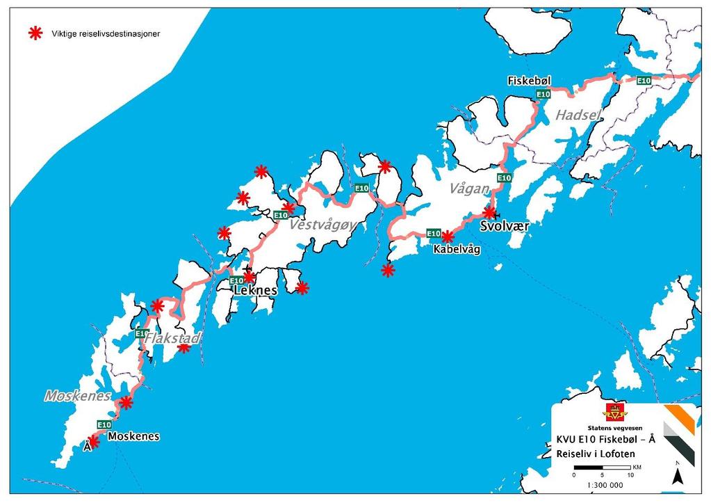 Kart over viktige reiselivsdestinasjoner i Lofoten. 2.3.2.3 Bygg og anlegg Bygg- og anleggsbransjen sysselsetter nesten like mange som sjømatnæringen i Lofoten, mens verdiskapingen er under halvparten.